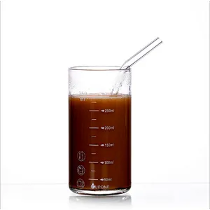 300ml 350ml  Glass Cup graduated glass with glass straw breakfast milk cup