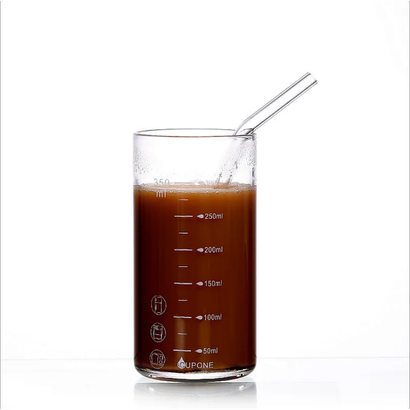 300ml 350ml  Glass Cup graduated glass with glass straw breakfast milk cup