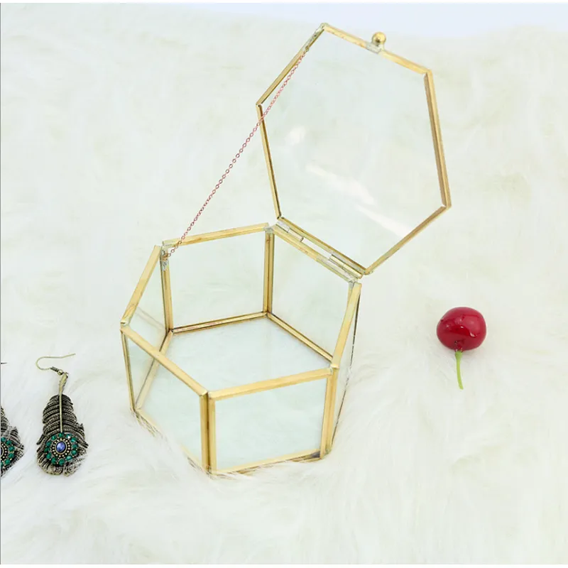 10.5*10*6cm and 7.5*7*4.3cm Geometric shape handicraft jewelry receipt box copper terrarium gift box and greenhouse for deco