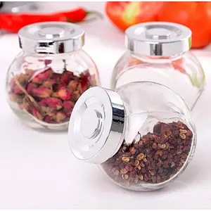 50ml/180ml/380ml Clear Flat Drum Shape Food Storage Glass Jar Candy Jar Spices Jar With Silver Plastic Lid