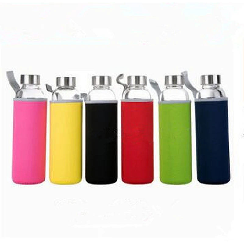 Logo Customized 300ml/450ml/500ml Sport High Borosilicate Glass Bottle With Stainless Steel Screw Cap and Sleeve For Promotion