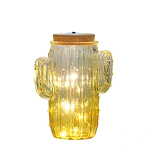 Creative Cactus Shape Glass Display LED Night Light Table Lamp for Christmas Decoration Birthday Gift