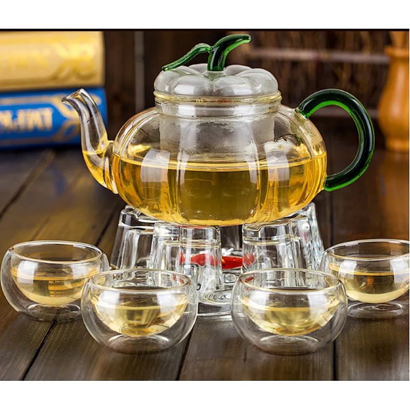 750ml Heat - resistant glass set pumpkin pot for tea with green handle
