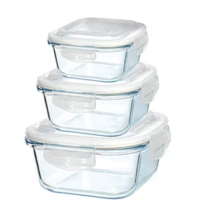 Set of 3 Square Shape Food Glass Storage Jars with lid
