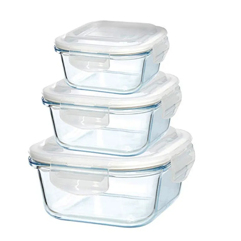Set of 3 Square Shape Food Glass Storage Jars with lid
