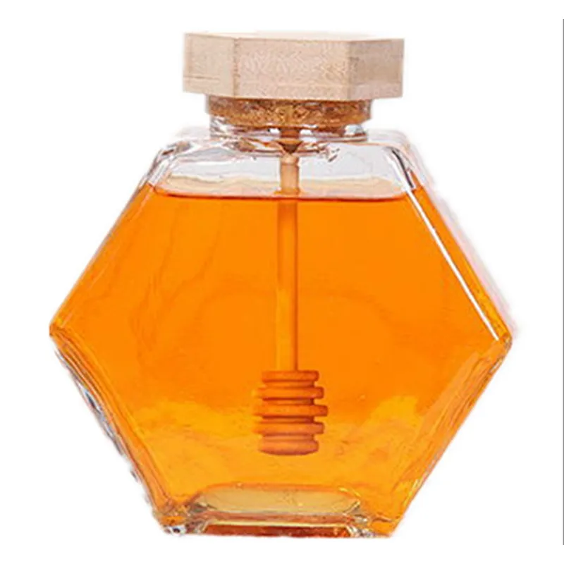 100ml six arrises glass jar with wooden cover and muddler for honey storage