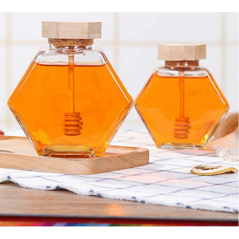 100ml six arrises glass jar with wooden cover and muddler for honey storage
