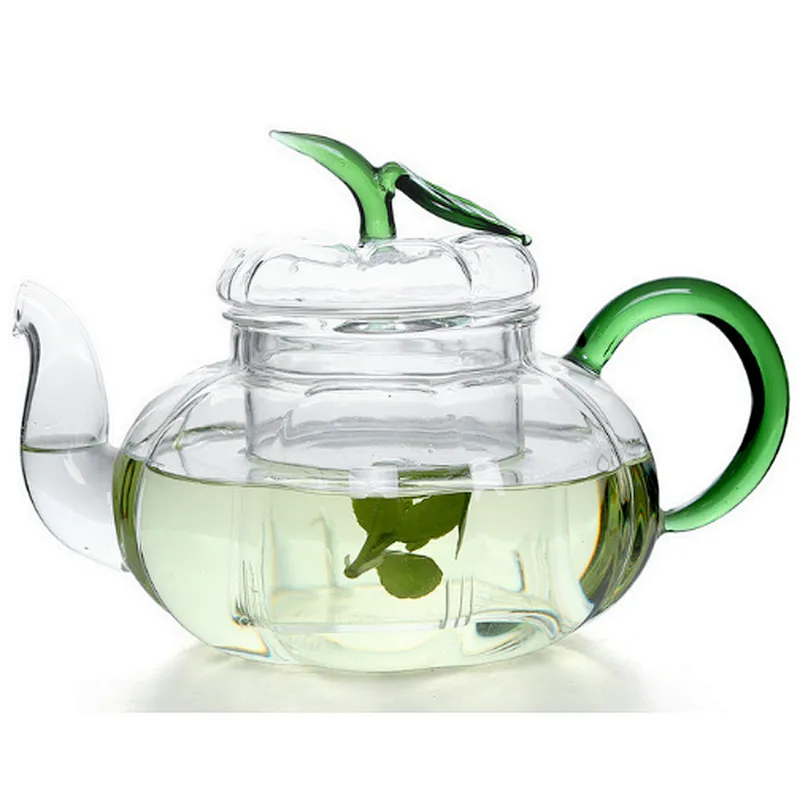 750ml Heat - resistant glass set pumpkin pot for tea with green handle