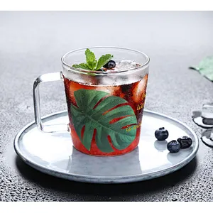 350ml Borosilicate glass cup with green design for water, tea, milk & juice