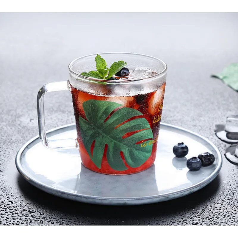 350ml Borosilicate glass cup with green design for water, tea, milk & juice