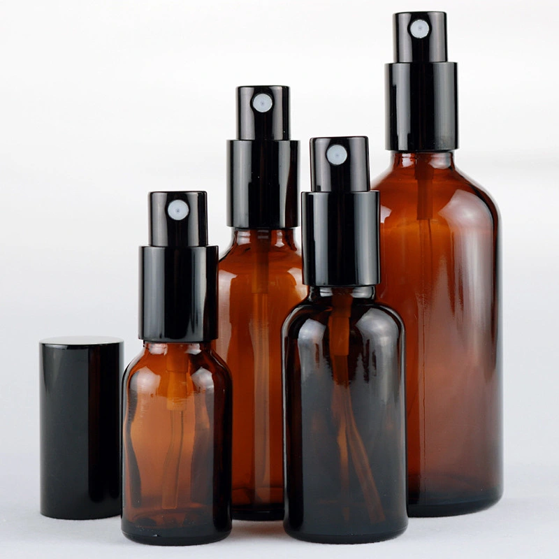 amber brown boston round glass bottle with fine mist sprayer