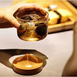 Creative domestic mountain-shaped glass cup for whiskey & wine with wooden base