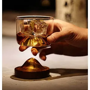 Creative domestic mountain-shaped glass cup for whiskey & wine with wooden base