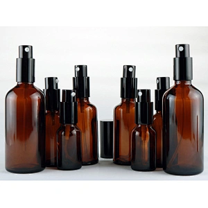 amber brown boston round glass bottle with fine mist sprayer