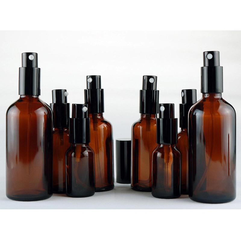 amber brown boston round glass bottle with fine mist sprayer