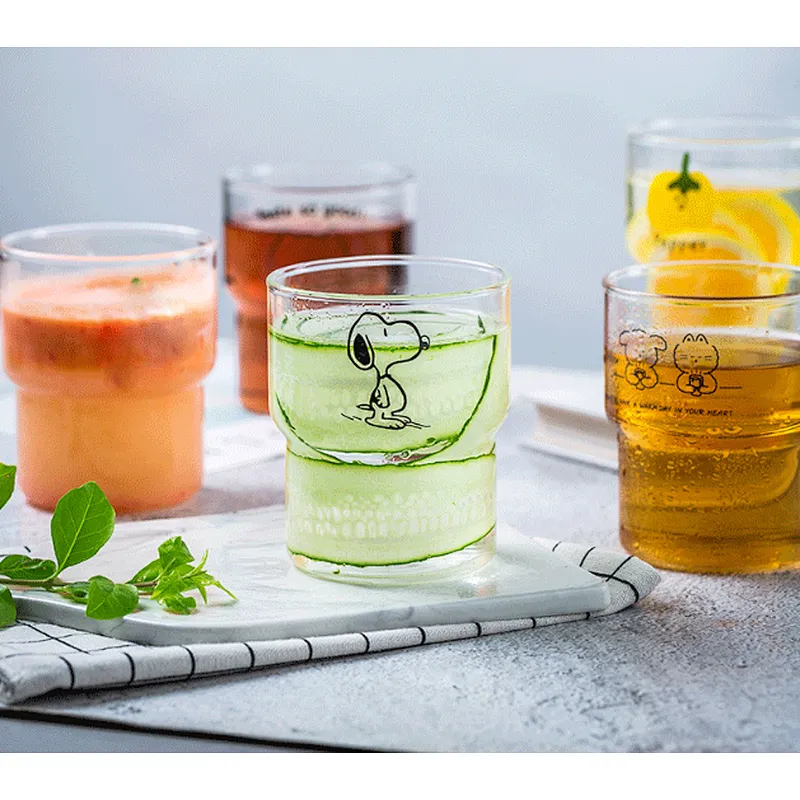330ml cartoon glass mug with animal drawing for juice & milk