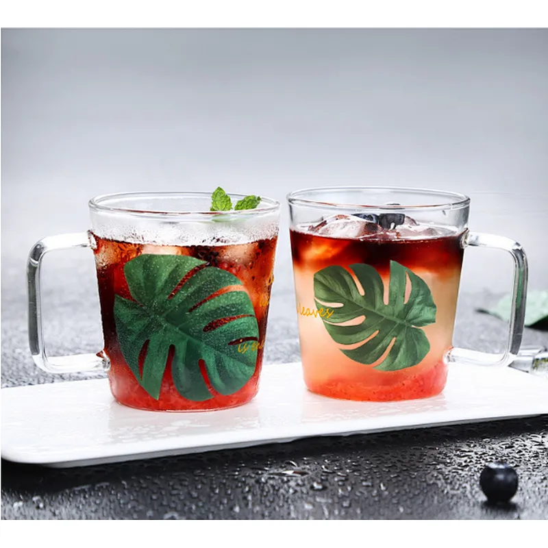 350ml Borosilicate glass cup with green design for water, tea, milk & juice