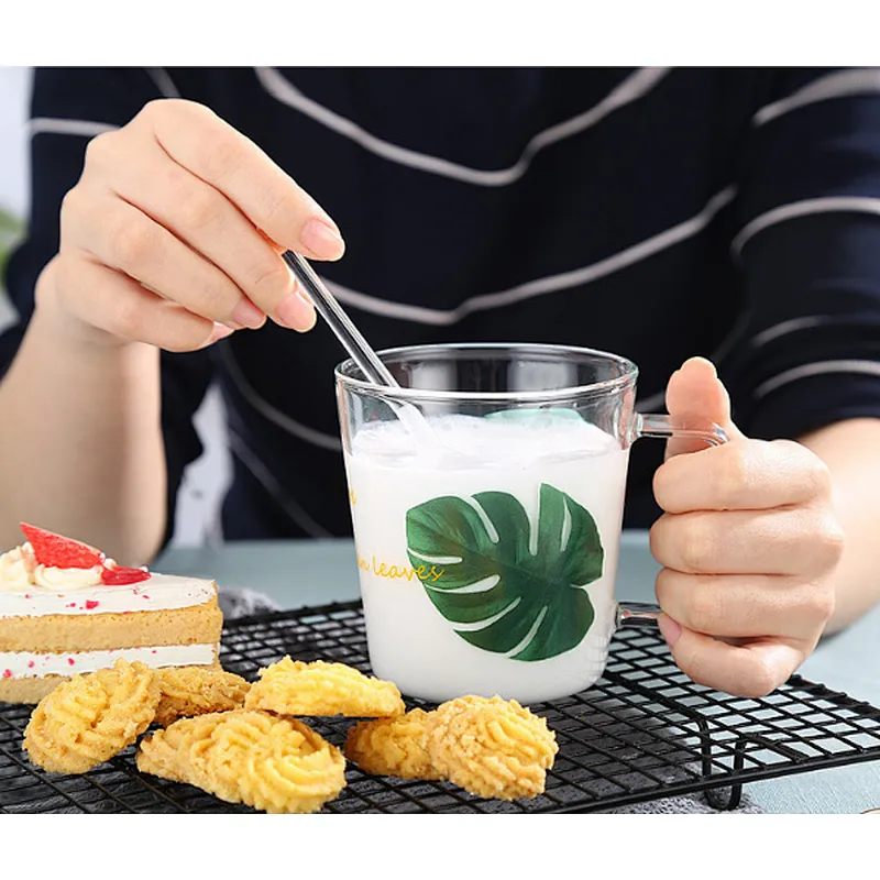 350ml Borosilicate glass cup with green design for water, tea, milk & juice