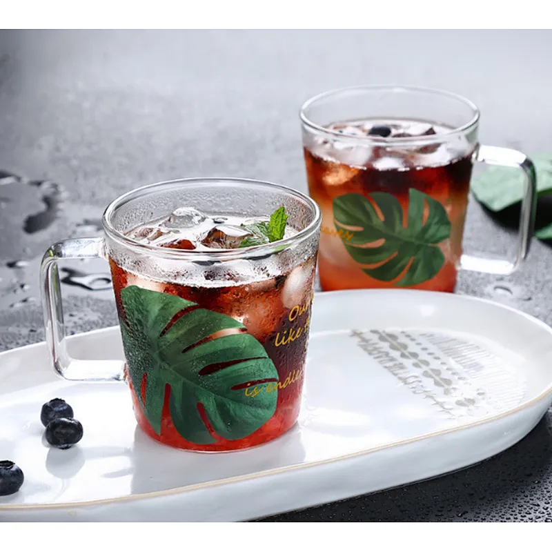350ml Borosilicate glass cup with green design for water, tea, milk & juice