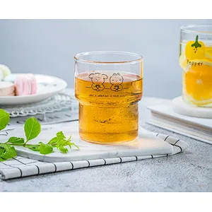 330ml cartoon glass mug with animal drawing for juice & milk