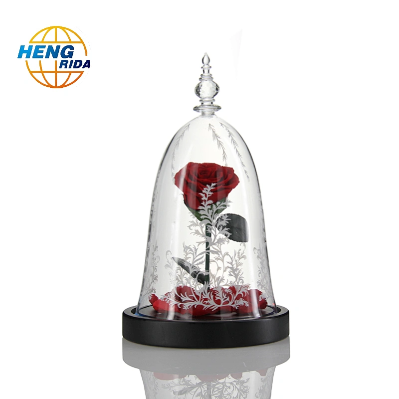 Rose Beautiful Artificial Red Eternal Rose Preserved Flower With Led Lights In Glass Dome for festival or birthday