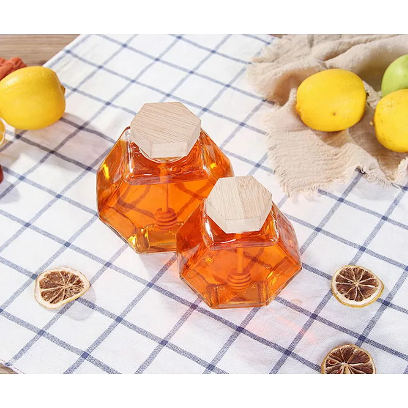 100ml six arrises glass jar with wooden cover and muddler for honey storage