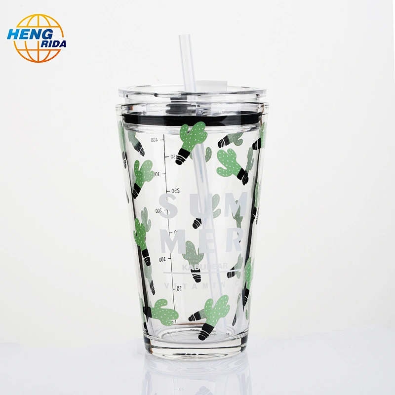 450ML printed glass straw accompanying cup