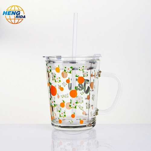 Hot & Cold Drinking Glass Patterned Cup with Handle & Lid