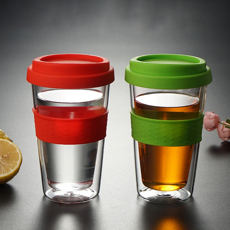 Wholesale double wall high borosilicate glass travel mug coffee cup with silicone lid and sleeve