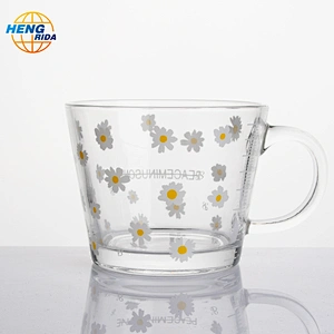 Wide Mouth Drinking Glass Cup with Strawberry Pattern & Handle