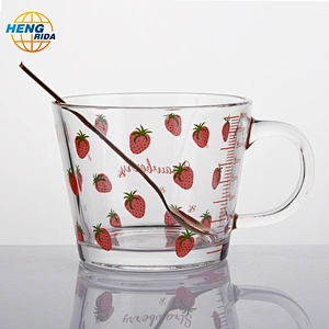 Wide Mouth Drinking Glass Cup with Strawberry Pattern & Handle