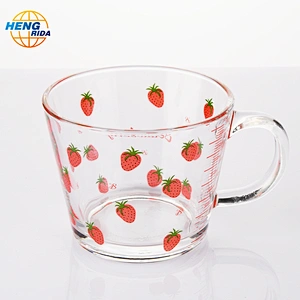 Wide Mouth Drinking Glass Cup with Strawberry Pattern & Handle