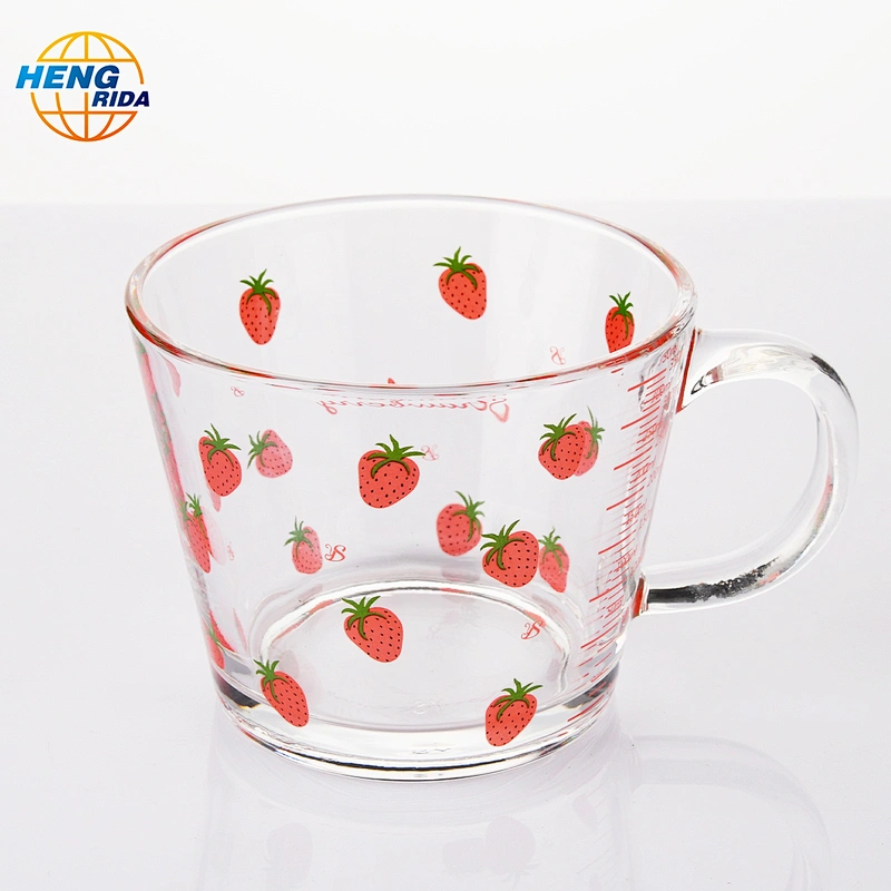 Wide Mouth Drinking Glass Cup with Strawberry Pattern & Handle