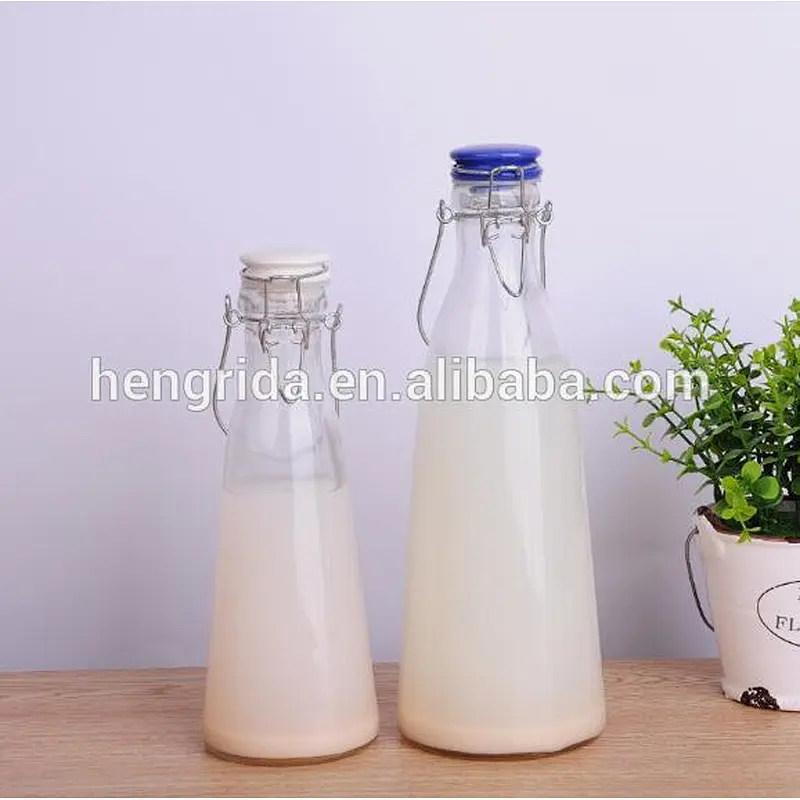 500ml 1000ml clear glass milk bottle with ceramic cap and handle