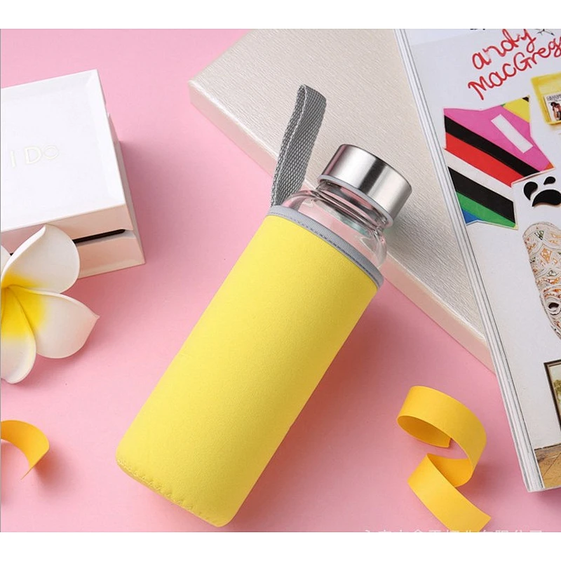 500ml/750ml Leak-proof Borosilicate Glass Drinking Water Bottle with Neoprene Sleeve with a loop for outdoor sport
