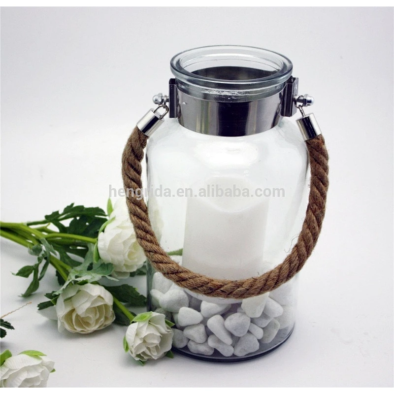 Glass Metal Lantern Candle Holder with Sturdy Jute Rope Handle for Home Decor Wedding Party Celebration