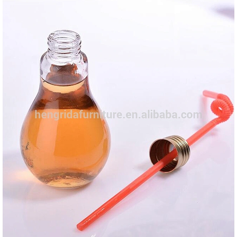 Lamp Bulb Shape Glass Juice Bottle with Drinking Straw Metal Cap