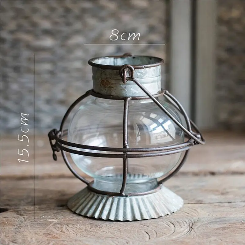 Vintage Hanging Rusted Metal & Glass Candle Lantern with handle for home garden hotel wedding Decor