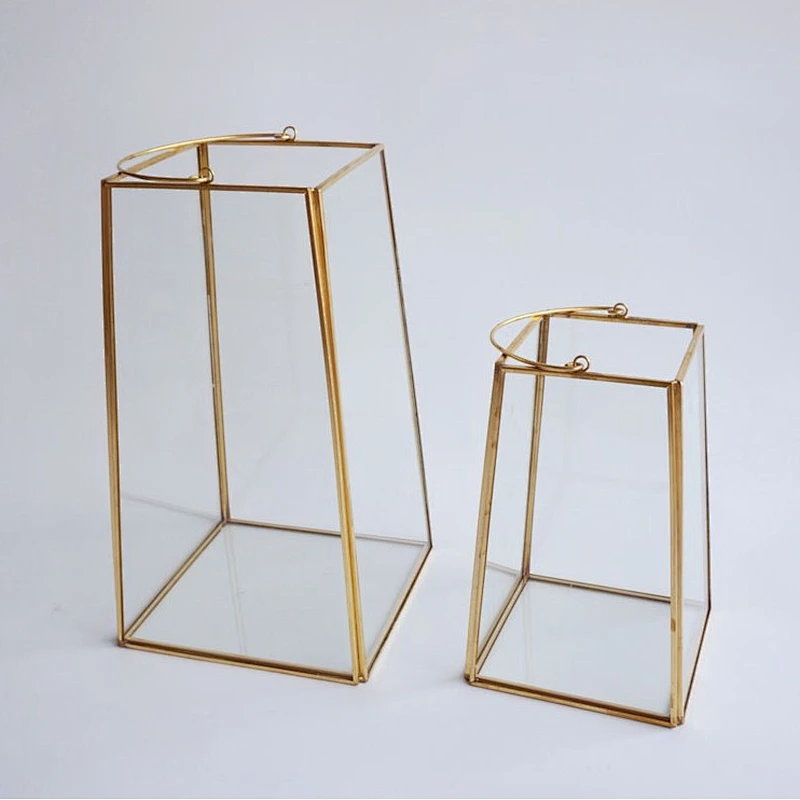 Trapezoid shape Copper and Glass Candle Lantern Geometric Terrarium with handle