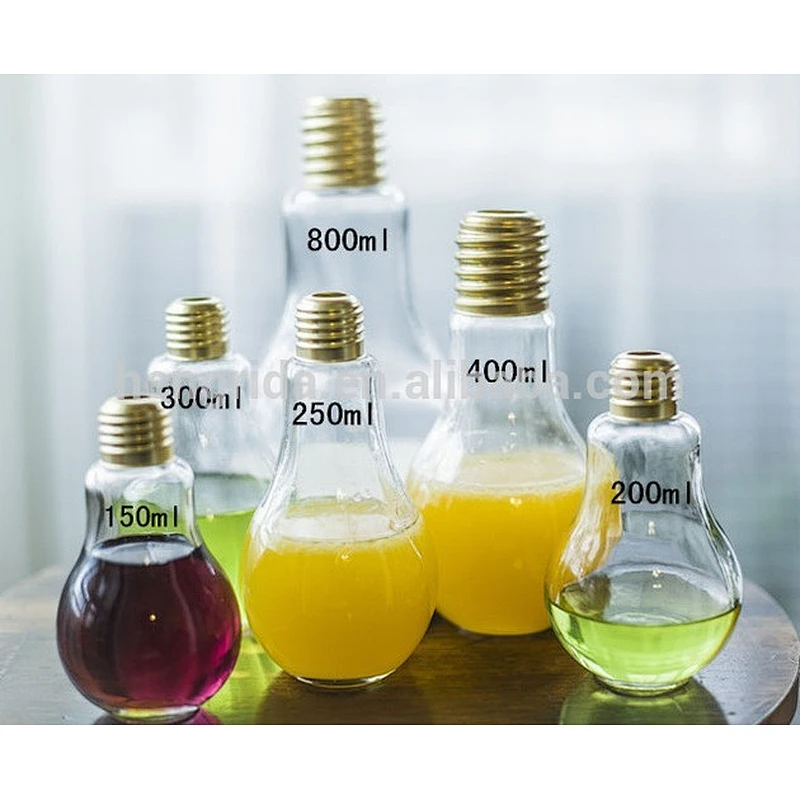 clear glass light bulb shape beverage bottle/juice glasses/straw cup with lights for fruit juice and shrub