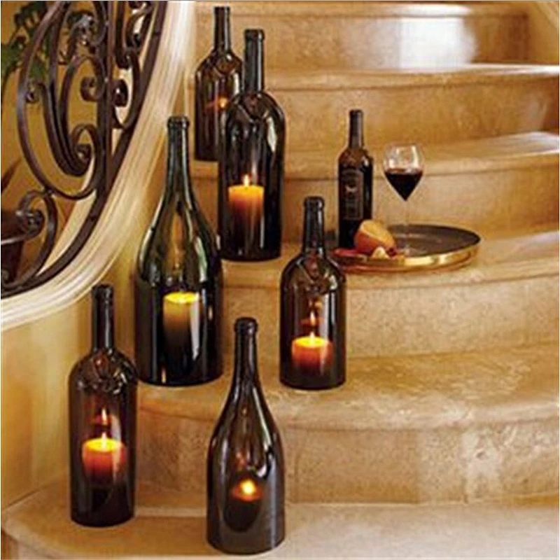 2018 Hot Sale Cut Wine Bottle Tealight Glass Candle holder for Household Decoration