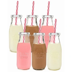 10.5 oz clear Dairy Reusable Glass Milk Bottle with Straw and Metal Lid