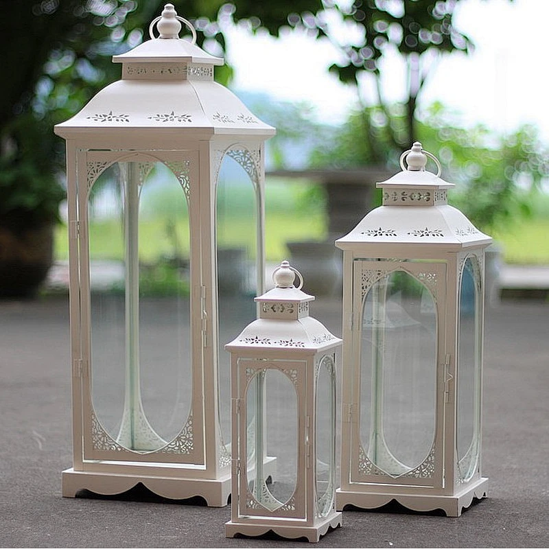 27 inch Tall White French Style Decorative Metal & Glass Candle Lantern Candle Holder For indoor and outdoor use