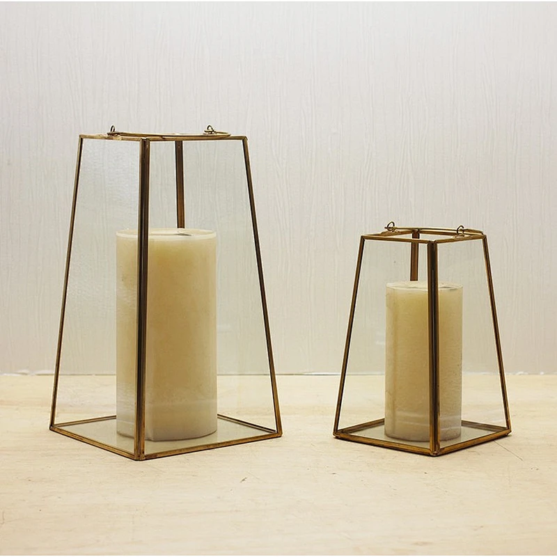 Trapezoid shape Copper and Glass Candle Lantern Geometric Terrarium with handle
