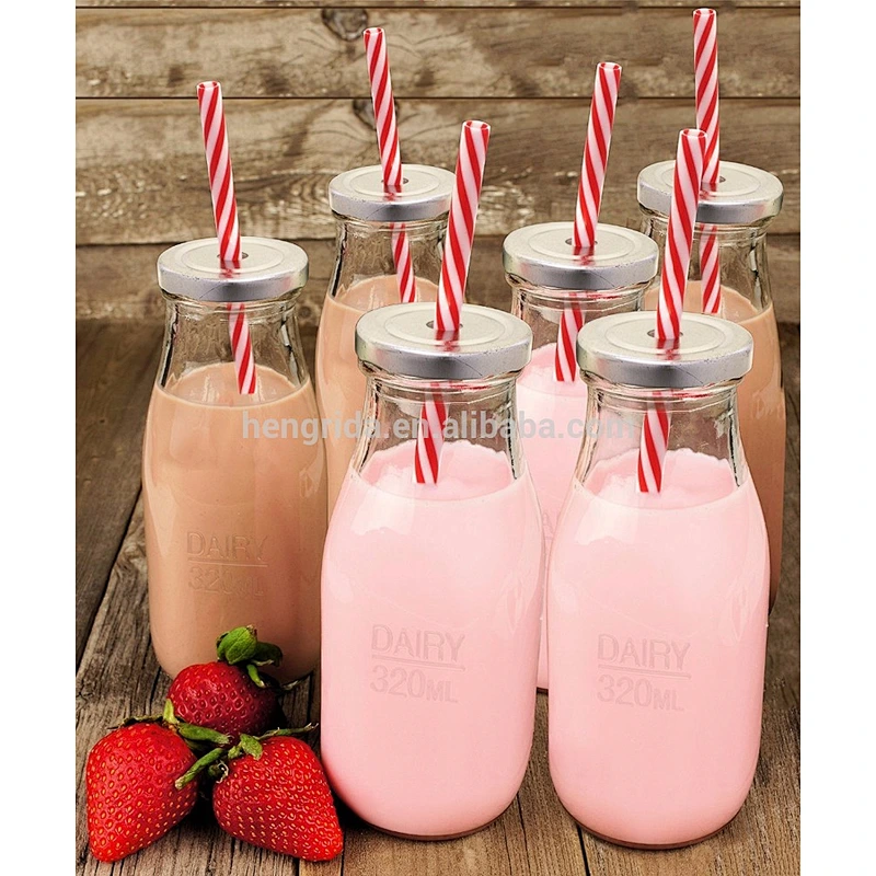 10.5 oz clear Dairy Reusable Glass Milk Bottle with Straw and Metal Lid