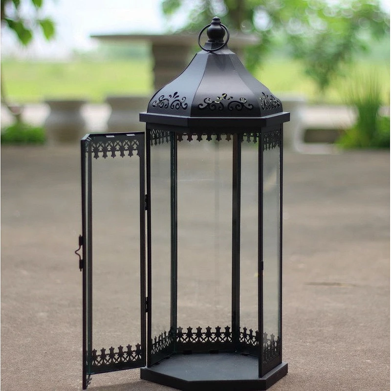 Black Color Wedding Decoration Use Hanging Candle Lantern Metal and Glass Lantern For Wedding Lighting