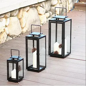 Modern Simple Square Shape Black Iron & Glass  Candle Lantern Candle Lamp with handle for Home / Hotel / Wedding Decor