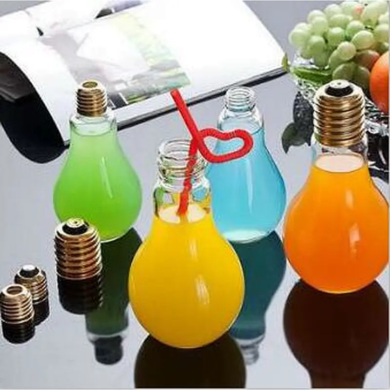 150ml/200ml/250ml/300ml/400ml/800ml Bulb Glass Beverage/Milk/Coffee  Bottles With Sliver/Golden Screw Cap and Plastic Straws