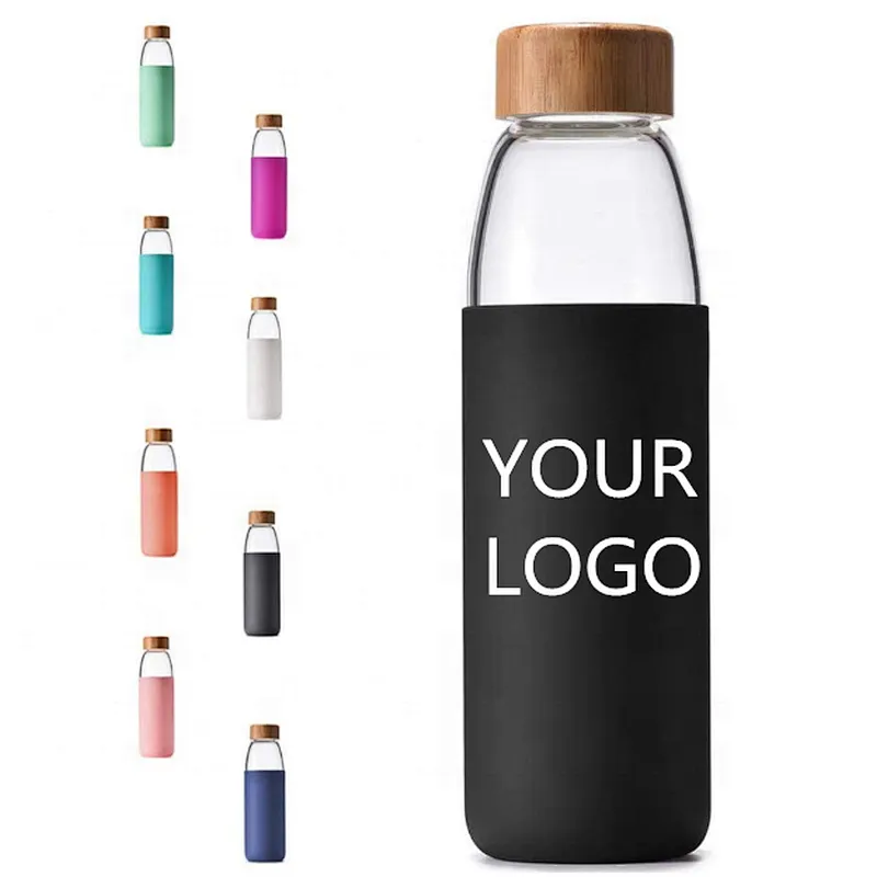 100% BPA Free Dishwasher Safe 18Oz Borosilicate Glass Water Bottle with Bamboo Lid and Protective Sleeve