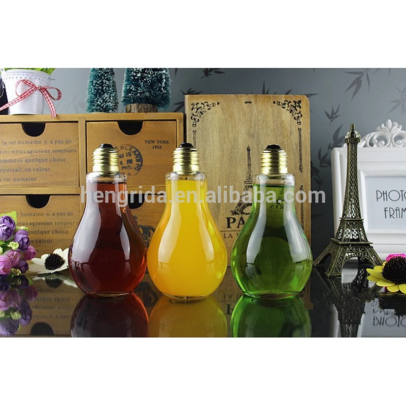 clear glass light bulb shape beverage bottle/juice glasses/straw cup with lights for fruit juice and shrub